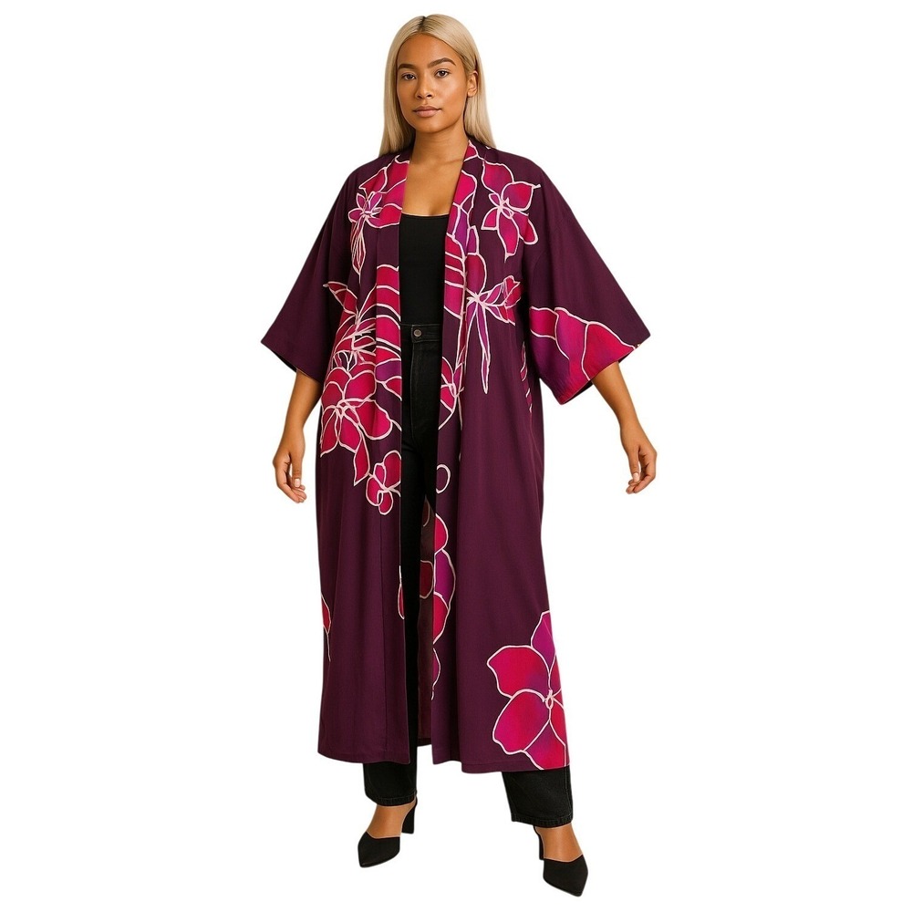 KARL ISKANDAR Magenta Purple Butterfly Floral Kimono Robe Duster Cover Up Size L